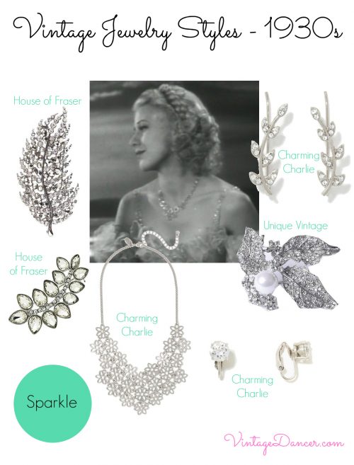 Recreate the 1930s jewelry sparkle trend with these vintage inspired pieces. "White on white" jewelry appeared on both day and evenings clothing. It was a poor time but the jewelry made a woman look rich. Learn and shop VintageDancer.com/1930s