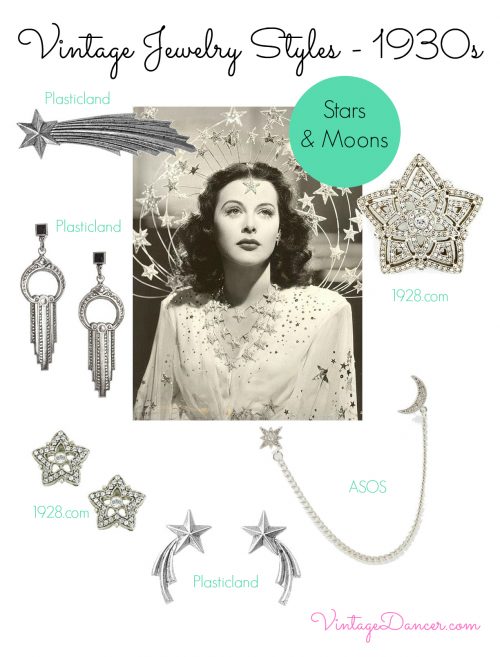 1930s jewelry. Stars and moon shapes became popular in the 1920s, but continued in popularity through to the early 1940s - as the 1941 film Ziegfeld Girl demonstrates. Shop VintageDancer.com/1930s