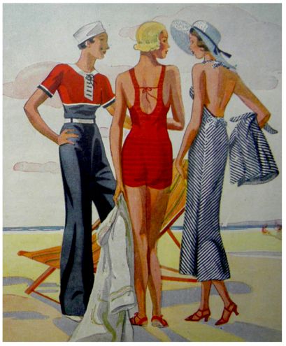 1930s beach wear and summertime styles.