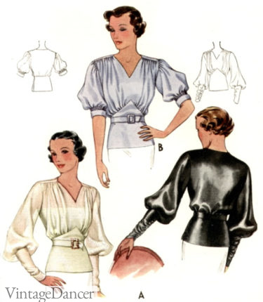 1930s blouses with bishop sleeves, short puff sleeves and long sleeve blouses