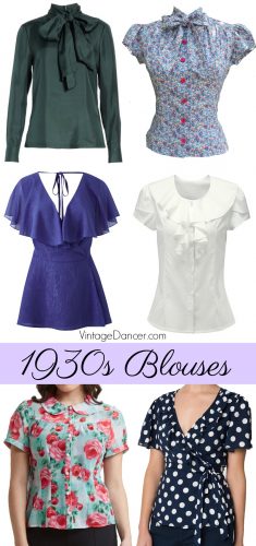 1930s style blouses- Bows, wraps, ruffles and more