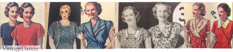 1930s house dress necklines: Neckline styles: Scoop, square, V wrap, pinafore, wrap, uniform