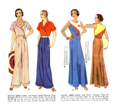 1930s beach pajamas, overalls and jumpsuits in nautical colors