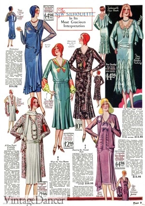 1930 afternoon or coattail dresses becoming longer and more modest. 