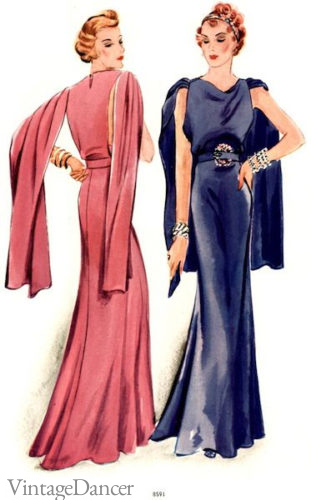 1930s Satin evening gowns and jewelry