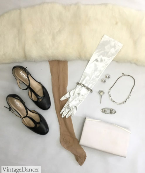 1930s evening formal accessories : White fur wrap, T strap heels, nude stockings, long white gloves, white clutch bag and rhinestone jewelry (mine are vintage 30s!) at VintageDancer