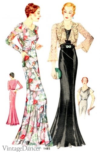 1930s White floral gown and black satin with lace jacket