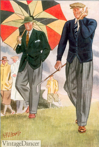 1930s men's summer fashion - green sportcoat or blue sweater coat over grey trousers, ivory shirts, necktie, tyrolean hat or flat cap.