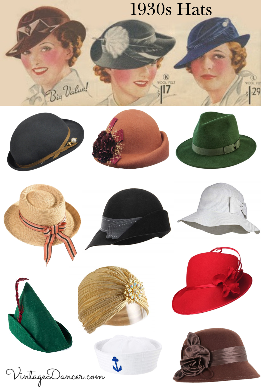 Women's Fall Hats Vintage 30s Brimmed Hat 1930s Brown Velvet Picture Hat