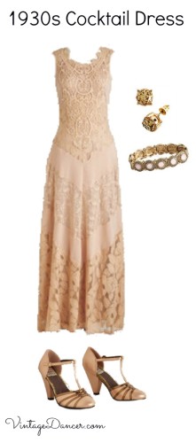 1930s style lace cocktail dress with T strap shoes, bracelet and earrings at Modcloth