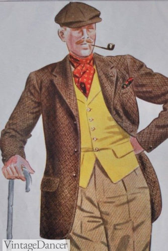 1930s mens casual outfit - A yellow vest adds a pop of color to a neutral outfit (the red scarf does too.)