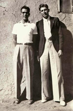 Men's 1930s casual summer pants with a polo shirt (L) and sportcoat (R)