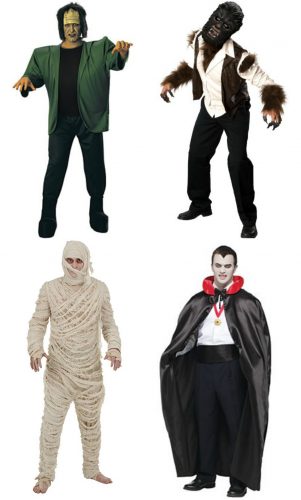 30s mens costume monsters: Frankenstein, Wolfman, Mummy, Dracula men's Halloween costumes