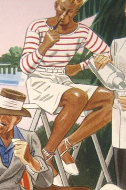 1930s red and white long sleeve shirt and white shorts