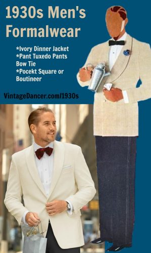 1930s mens formlwear wear. White dinner jacket is great for men's wedding attire.