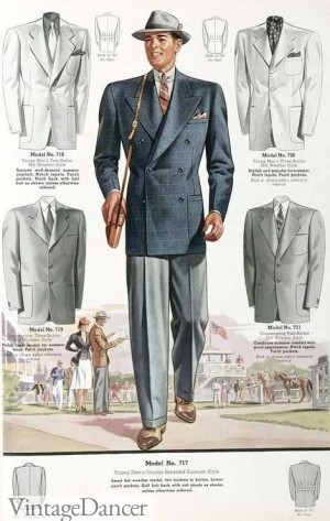 1930s Men's Double Breasted Blue suit jacket over grey pants.. See more at VintageDancer.com