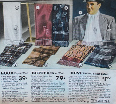 Wool or silk scarves are a classic vintage men's accessory like these form the 1930s