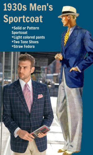 1930s men's casual sport coat outfit - choose a plaid or pattern blue sport coat with light grey trousers