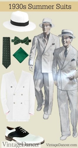 1930s menswear style summer suits, hats, shoes and ties. Get this look at VintageDancer.com