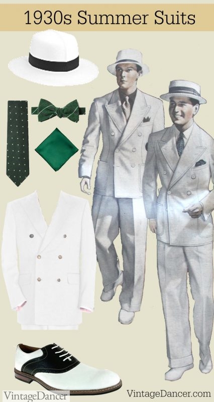 1930s menswear style summer suits, hats, shoes and ties. Get this look at VintageDancer.com