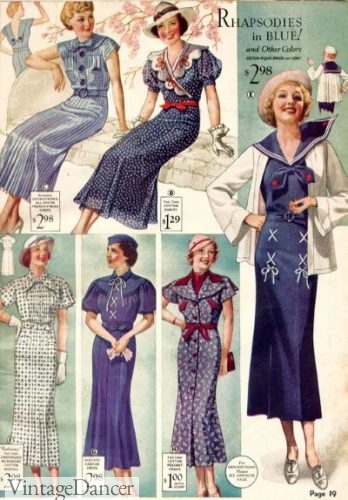 1930s blue, red, whitevintage cruise dresses. Click to see more.