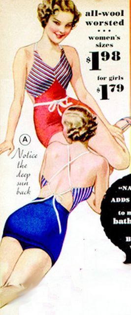 1930s- an open back swimsuit with a corded drawstring as the straps