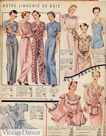 1930s sleepwear, nightgowns, pajamas. Old Hollywood style.