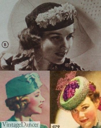 1930s pillbox hats, late 1930s hat styles in color with flowers and veil