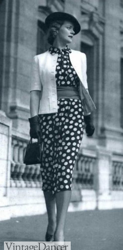 1930s polka dot dress and white jacket summer outfit at VintageDancer