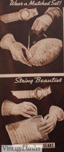 1930s white "string" purses and matching gloves and belt