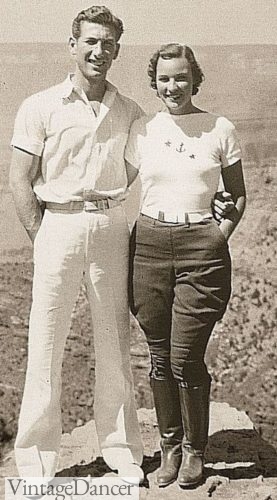 1930s A casual outfit of riding jodhpurs and knit shirts