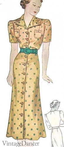 1930s shirtwaist dress in yellow and teal green. Love the color combination.