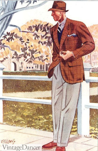 1930s mens fashion - windowpane sport coat, blue sweater vest, grey pants, fedora hat