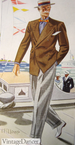 1930s mens casual suit summer style - Brown sportcoat with grey check pants. Blue shirt, red bow tie, boater hat.