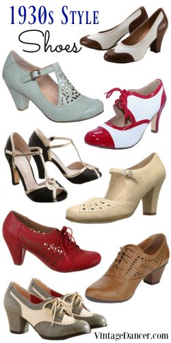 1930s shoes, 1930s style shoes, thirties shoes, vintage inspired 30s heels and oxfords at vintagedancer.com
