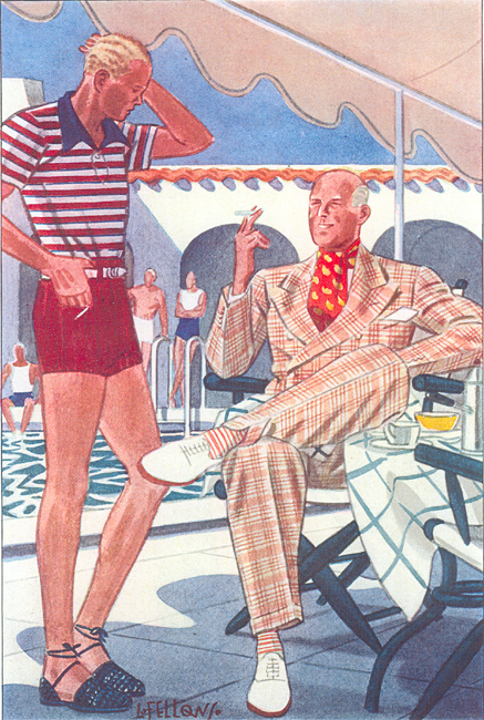 1930s men's swim shorts and striped polo shirt