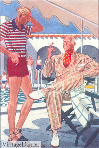 1930s red swim trunks with white belt and striped polo shirt