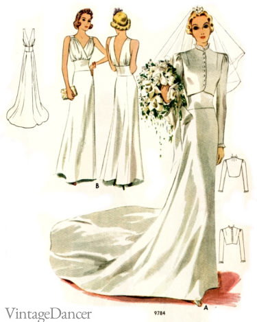 Optional crop jacket worn over sleeveless wedding dress 1930s