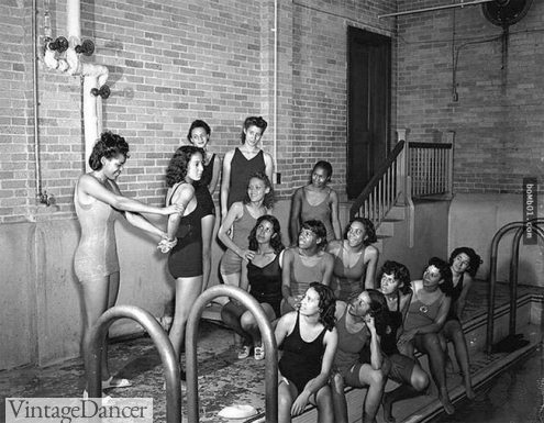 Lifeguards in training wearing wool swimsuits. Black women 1930s swimsuits