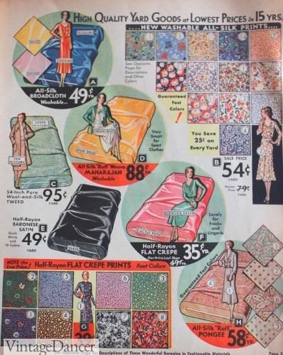1930s colors and fabrics- Solids, Prints, Tweed, Polka Dots