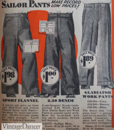 1931 men's sailor pants in cotton/flannel and denim jeans.