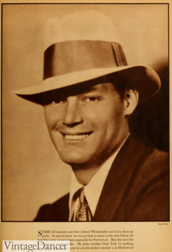 1930s mens hats headwear 1932 tall crown fedora hats with snap brim (Johnny Weissmuller)