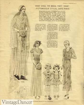 1932 plan for the bridal party. Not the mother's dress i fa floral print while the bridesmaid is a light solid color.