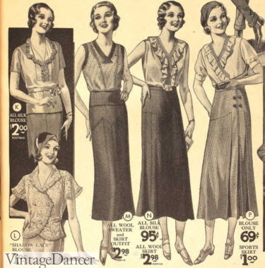1930s sleeveless, wrap and tunic style blouses tops shirts with skirts