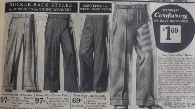1933 men's wide leg 22 inch work pant for "young men." Cotton covert, twill, blue denim or corduroy.