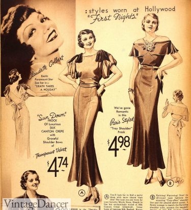 1930s bow puff sleeves and "tray shoulder" sleeveless gowns