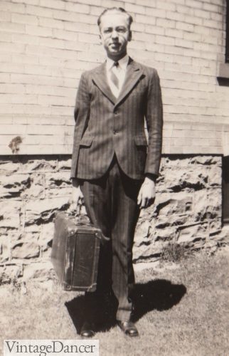 My grandfather, David Scott, wearing a 1920s striped suit to work at a bank.