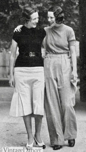 1930s summer casual fashion for women1933 casual pants and knit top or skirt with knit top and belt. 1930s outfits for summer, easy. 1930s outfits at VintageDancer