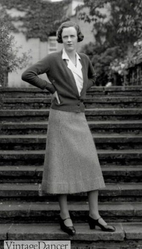 1930s cardigan sweater (from the late '20s) with blouse and herringbone skirt.