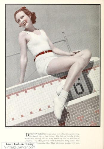 1930s sneakers tennis shoes women casual summer fashion. Dorothy Jordan models a white swimsuits and white sneakers. 